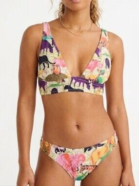J. Crew Plunge V Neck Bikini Top & Bottom Set Ratti Safari Print XXS Colorful